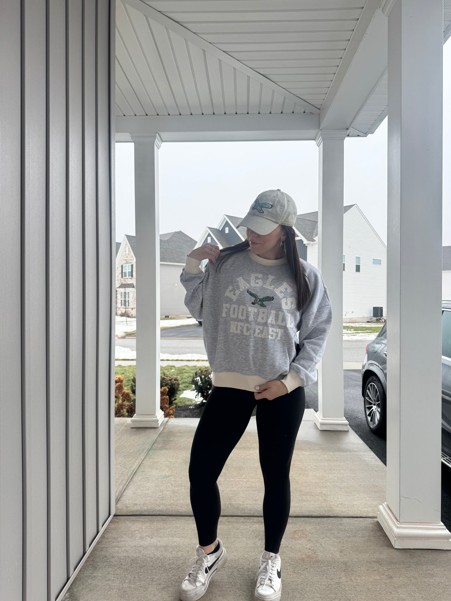 NFL Brand Ash and Beige Embroidered Eagles Crewneck