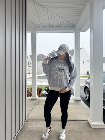 NFL Brand Ash and Beige Embroidered Eagles Crewneck