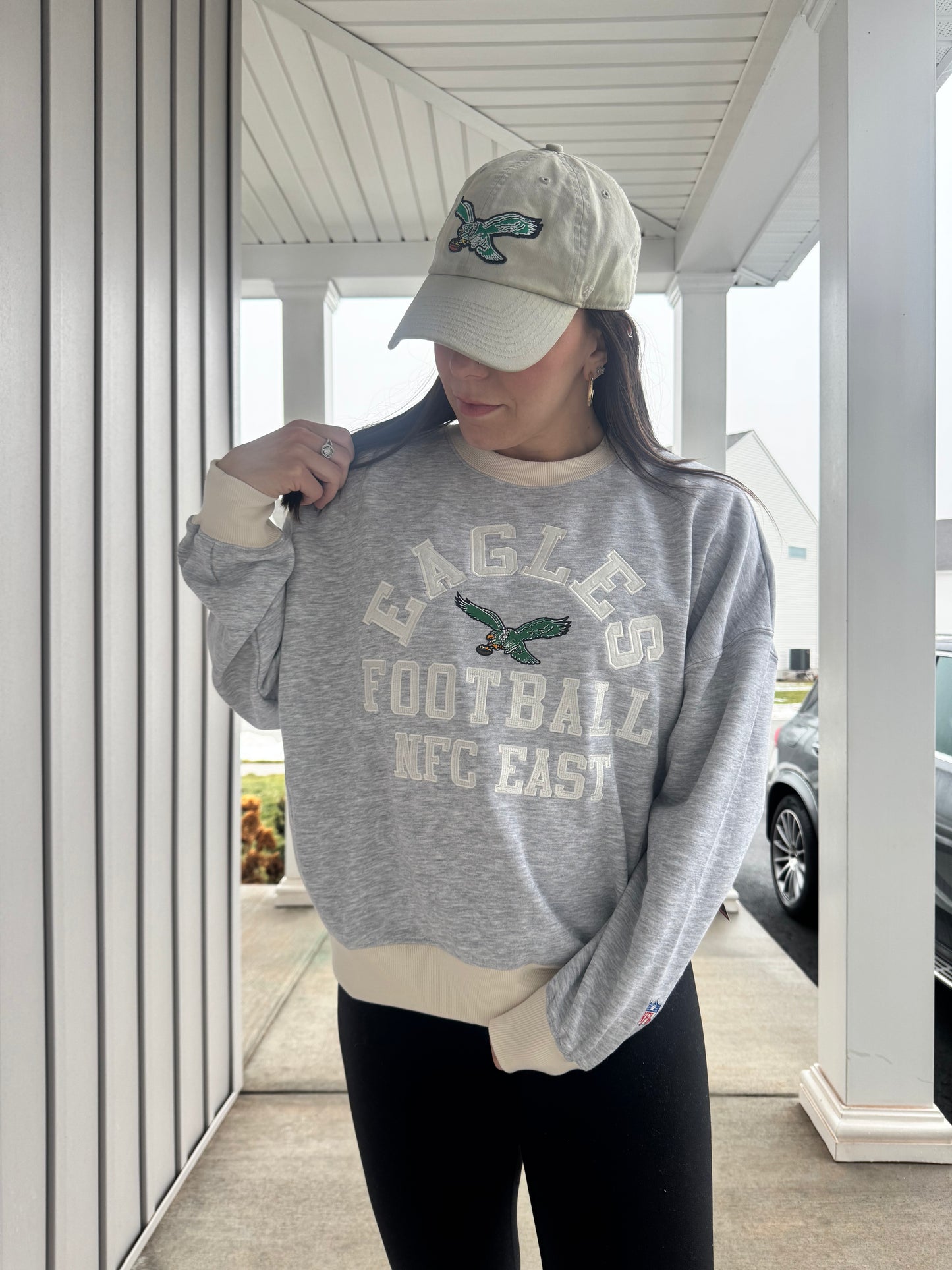 NFL Brand Ash and Beige Embroidered Eagles Crewneck