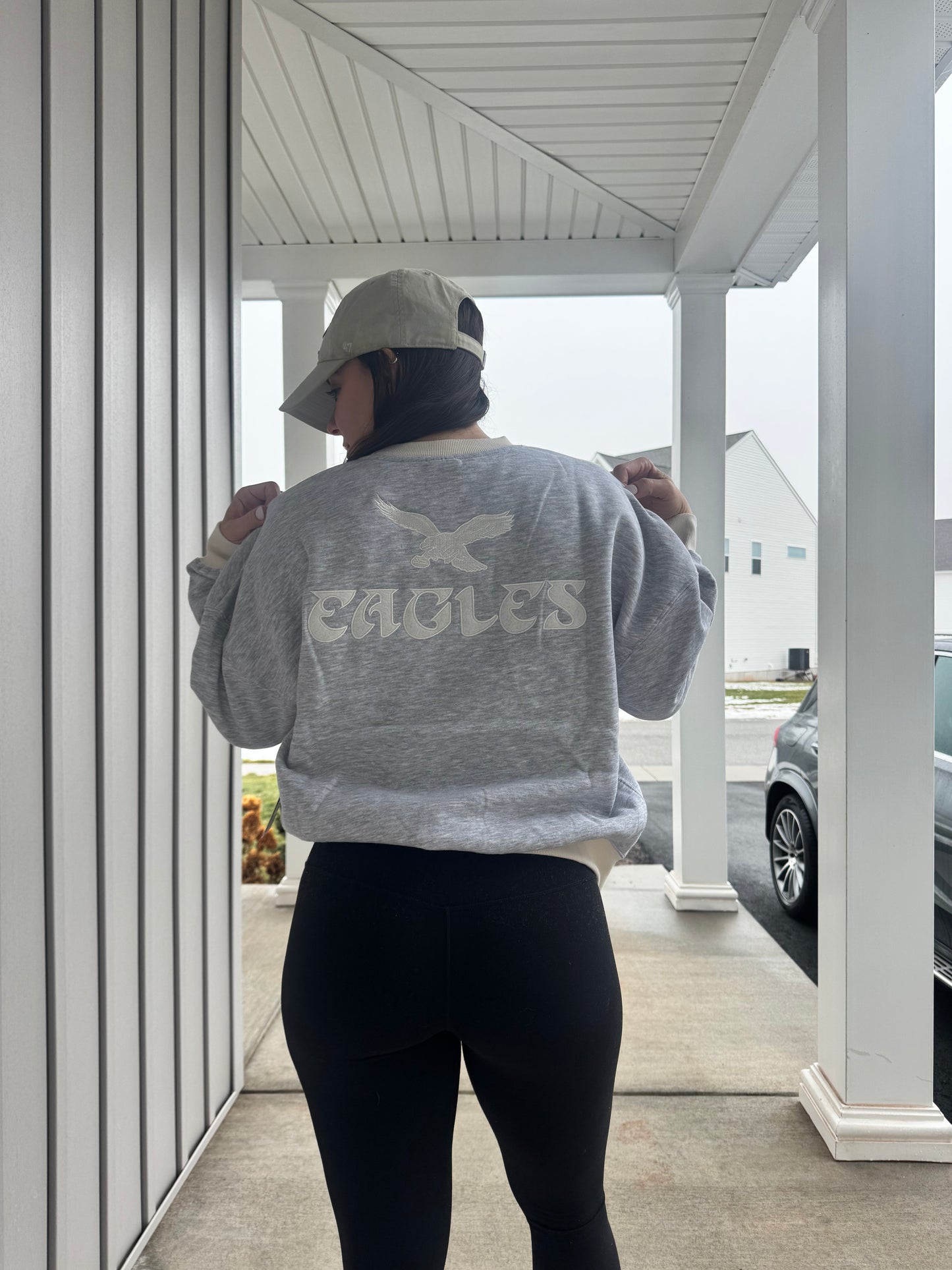 NFL Brand Ash and Beige Embroidered Eagles Crewneck