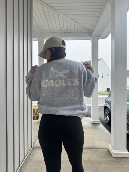 NFL Brand Ash and Beige Embroidered Eagles Crewneck