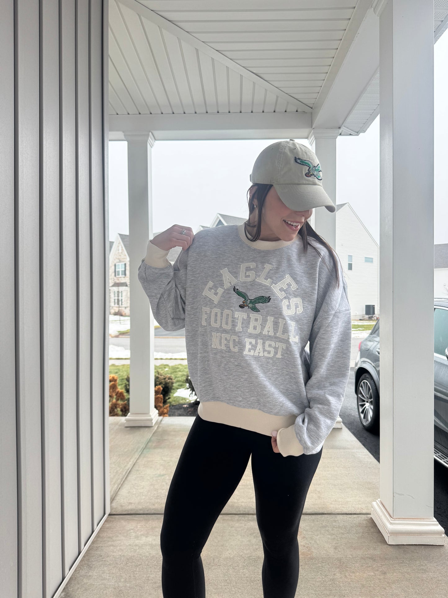 NFL Brand Ash and Beige Embroidered Eagles Crewneck